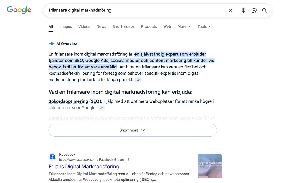 Google AI overview vid sök på frilansare digital marknadsföring